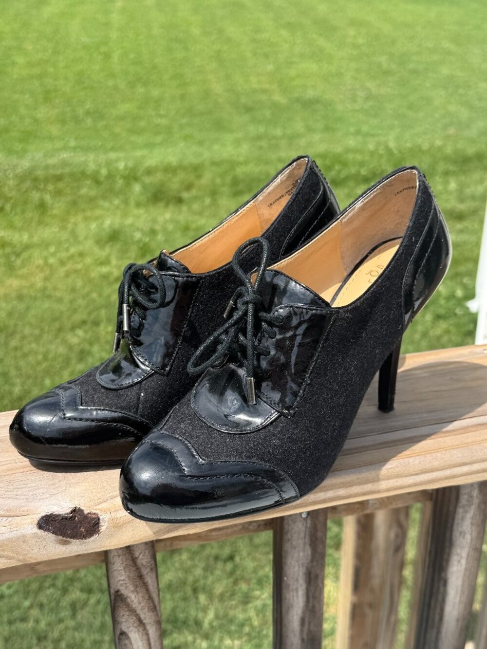 Circa Joan & David Oxford Heels Black Patent Office Siren Sz 7.5M 3916